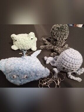 Handmade Plush Ocean Keychain Set - Two Octopus, One Stingray, And One Frog